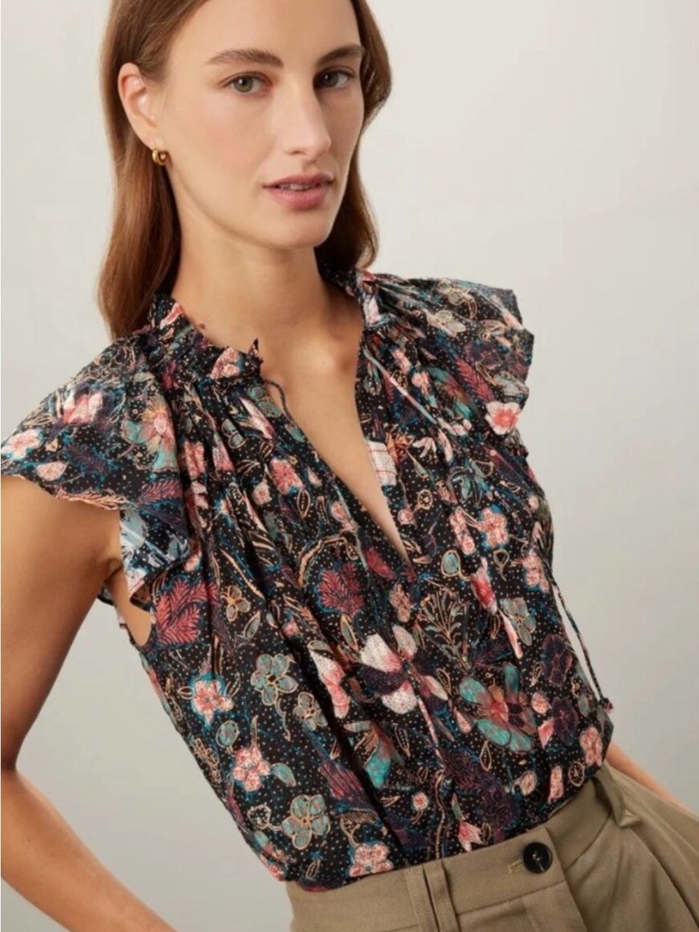 Ulla Johnson Black Multi Floral Ruffle-Sleeve Blouse